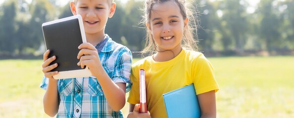 Happy child sitting on the field holding tablet. Boy sitting on the grass on sunny day. Home schooling or playing a tablet
