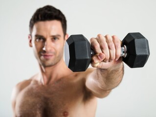 shirtless man holding a black hex dumbbell at arm's length with focus on the weight and determined expression