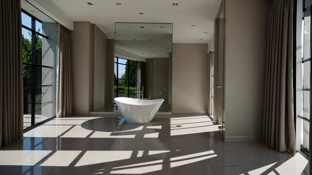 Wide-angle shot of a modern bathroom with a freestanding tub, large windows, and natural light, perfect for a luxury home video tour.