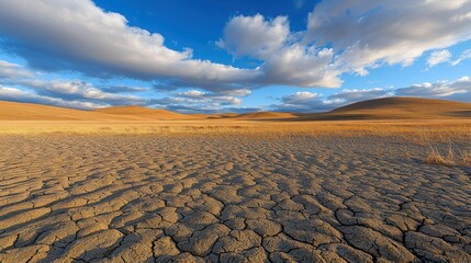 Cracked earth leads to golden hills under a cloudy blue sky