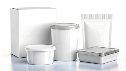Set of blank white food packaging containers including box, pouch, plastic tubs, and foil tray for branding and product mockup

