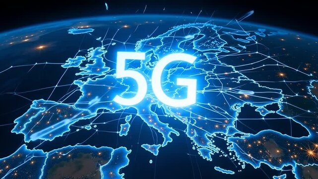 5G Wireless Network Coverage Across Europe - Digital Map Visualization. Futuristic 5G Technology Spreading Over Global Map with Glowing Connections
