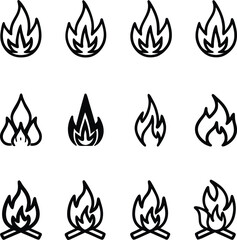 Twelve Black and White Fire and Campfire Icon Set on White Background
