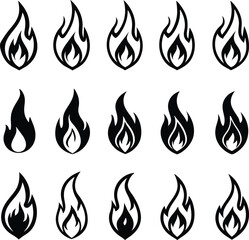 Fifteen Unique Black and White Flame Icons Arranged in Rows