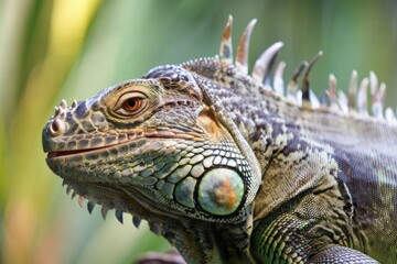 Obraz premium Close-up of a green iguana's head showing detailed scales, sharp spines along its back, and an intense eye with natural green and brown hues