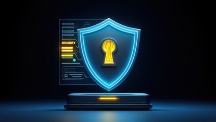 Glowing blue shield with a yellow keyhole symbol and security text displayed on a digital futuristic interface on a dark background
