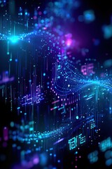 Obraz premium Abstract digital waves of glowing blue and purple data streams with floating points and lines creating a futuristic technological atmosphere