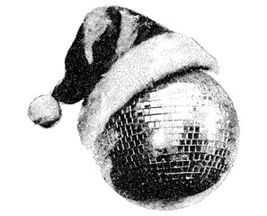 Disco ball in Santa hat vintage stippled photocopy texture, New Year's Eve party retro graphic collage element, festive celebration design, vector illustration.