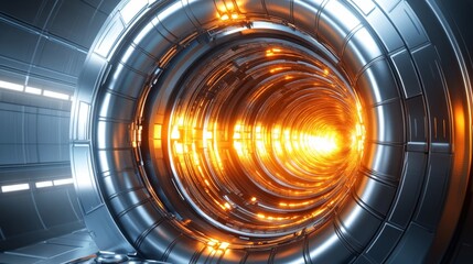 Futuristic torus-shaped steel machinery inside a reactor for advanced thermonuclear energy research.