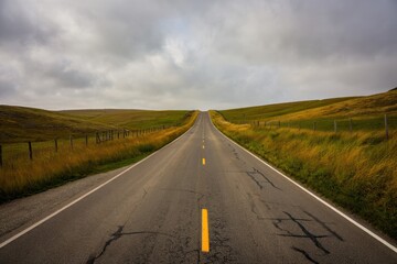 Fototapeta premium Empty rural road stretching into the horizon between grassy rolling hills under a cloudy sky