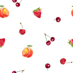Colorful fruit pattern featuring cherries, strawberries, and peaches on a white background