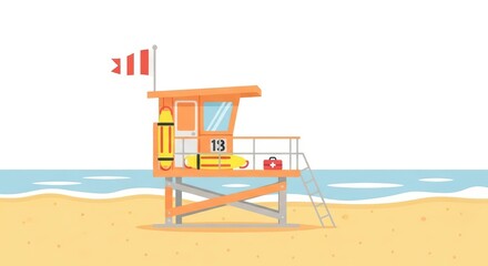 Lifeguard Station on Beach with Orange Tower and Safety Equipment