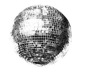 Disco ball with halftone stipple effect, grunge punk collage design, vintage photocopy style, gothic surreal poster, vector illustration, alternative art, retro texture, edgy background.