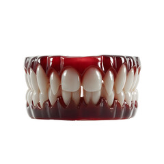 Halloween costume accessory, realistic fake teeth with blood effect, perfect for spooky parties or haunted themes, copy-space available. Isolated on white background or PNG