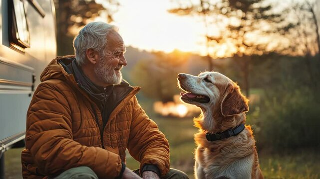 Senior man with dog enjoying golden hour by campervan in nature, lifestyle