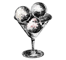 Martini glass with disco ball, vintage stippled photocopy texture, retro New Year's Eve party collage element, classic celebration design, nightlife theme, vector illustration.