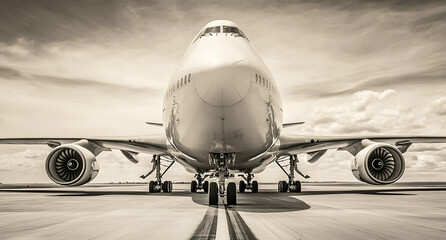 Black and white photograph of an airplane on the runway, with focus on its engines and front nose in high resolution.