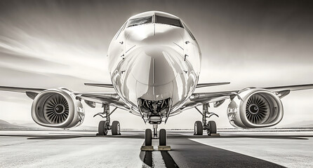 Black and white photograph of an airplane on the runway, with focus on its engines and front nose in high resolution. 