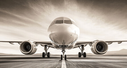 Black and white photograph of an airplane on the runway, with focus on its engines and front nose in high resolution. 