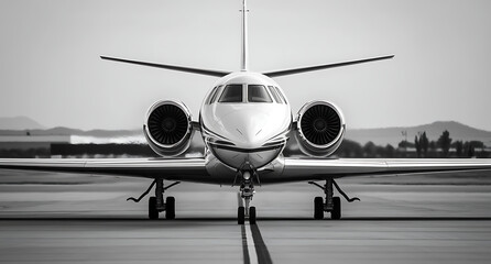 Black and white photograph of an airplane on the runway, with focus on its engines and front nose in high resolution. 