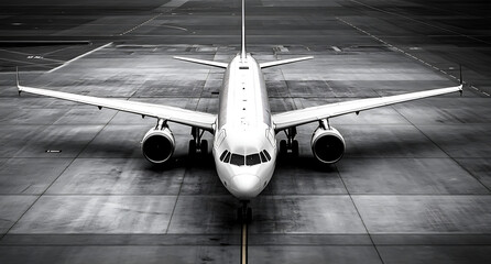 Black and white photograph of an airplane on the runway, frontal view. Black and white photo with copy space. Airbus A320 plane on the airport apron.