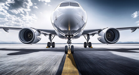 Black and white photograph of an airplane on the runway, with focus on its engines and front nose in high resolution. 