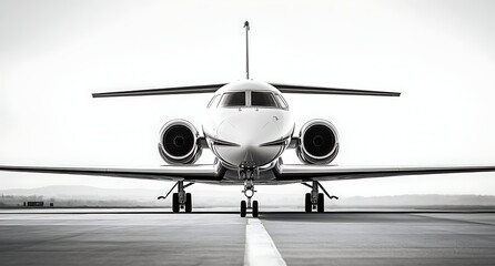 Black and white photograph of an airplane on the runway, with focus on its engines and front nose in high resolution. 
