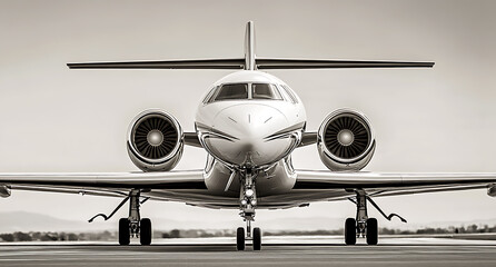 Black and white photograph of an airplane on the runway, with focus on its engines and front nose in high resolution. 