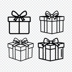 Four outline gift box illustrations with bows