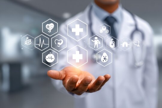 A male medicine doctor displays healthcare icons with his hand in a contemporary medical environment, showcasing medical technology