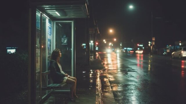 Young woman waits at a bus stop on a rainy night in an urban setting, illuminated by streetlights and neon signs