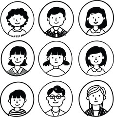 Collection of Nine Hand Drawn People Portraits in Circular Frames