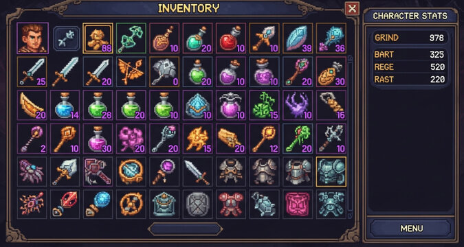 RPG Game Inventory Screen Interface with Items and Character Stats | Retro Pixel Art Style for Game Development, UI Design, and Fantasy Game Assets