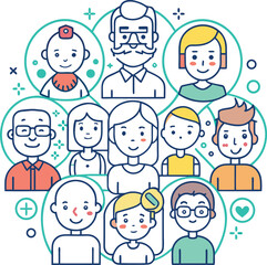 Diverse Group of People Icons in Circles with Teal Accents