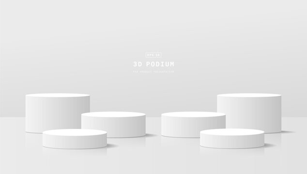 Empty clean studio room with five realistic white 3d cylinder podium pedestal for product display stand. Minimal scene for cosmetic mockup. 3d vector geometric platform. 3d stage vector rendering.