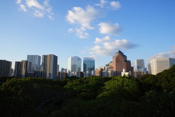 Fototapeta premium Modern city skyline with diverse skyscrapers under a blue sky with scattered clouds above dense green trees in the foreground