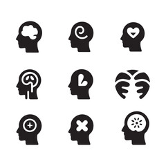 Set of Black and White Human Head Icons Representing Mental and Physical Well-being vector art on white background