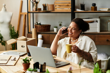 Crafting joy and creativity in a vibrant workshop with a smiling woman