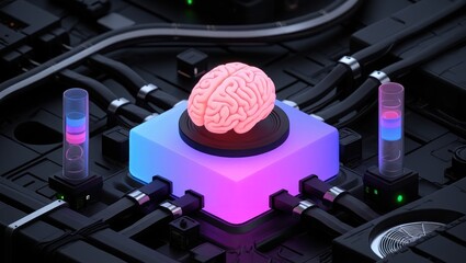 Glowing human brain model mounted on a futuristic illuminated platform surrounded by interconnected cables and high-tech components in a dark setting