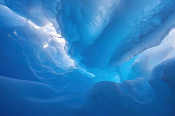 Deep blue ice cave interior with textured icy walls and natural light filtering through, creating a cold and mysterious atmosphere