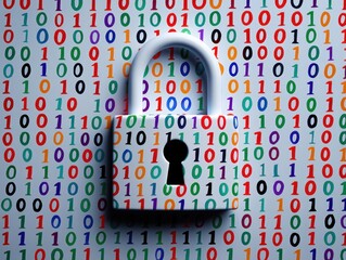White padlock centered on a background filled with colorful binary code digits representing digital security and data protection