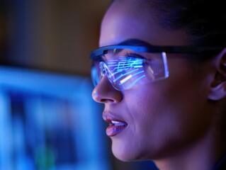 Close-up of a woman wearing augmented reality glasses with blue digital interface reflected on the lenses, showing focus and engagement