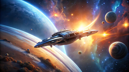 3D Spaceship Orbiting Glowing Planet with Stars and Nebulae in Cinematic Space Scene