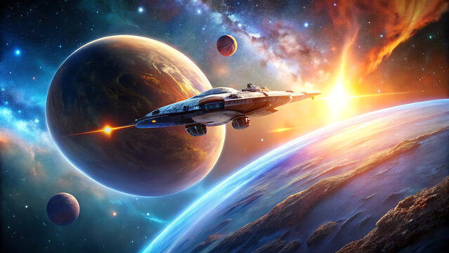 3D Spaceship Orbiting Glowing Planet with Stars and Nebulae in Cinematic Space Scene
