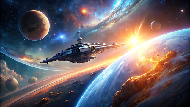 3D Spaceship Orbiting Glowing Planet with Stars and Nebulae in Cinematic Space Scene