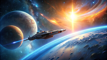 3D Spaceship Orbiting Glowing Planet with Stars and Nebulae in Cinematic Space Scene