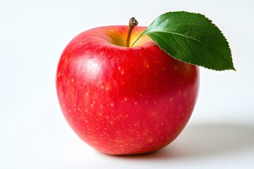 A single red apple with a stem and green leaf on a white background in a studio shot close up view