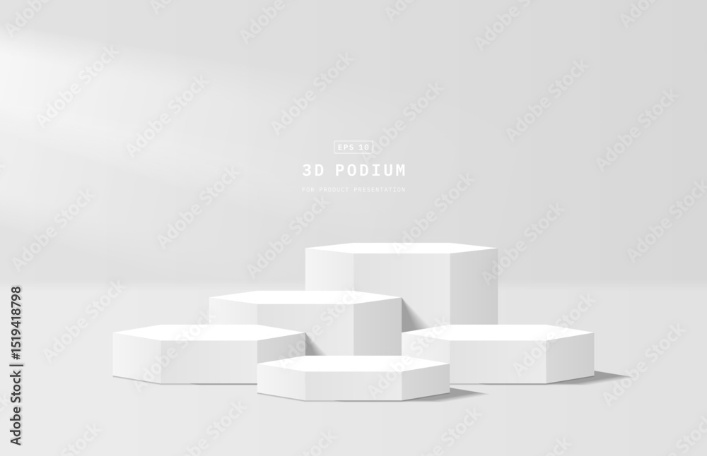 Fototapete realistic steps five white 3d hexagon podium in studio room with light shining from left side to ped