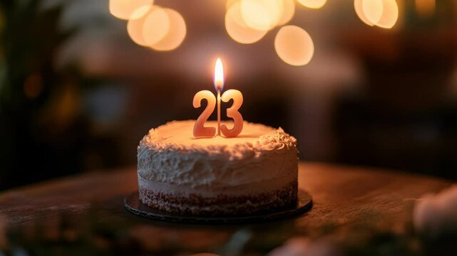Celebrating Twenty-Third Birthday Cake with Candle in Warm Ambient Lighting