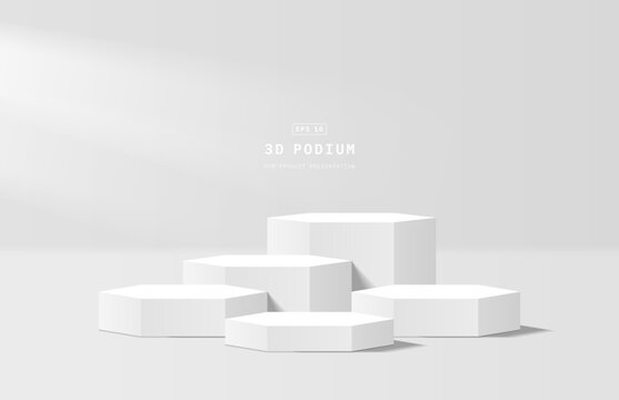 Realistic steps five white 3d hexagon podium in studio room with light shining from left side to pedestal make product focused. Minimal scene for product presentation. Vector geometric platform.